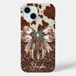Braunes Leder-Kuhleder-Juwelen-Bogen-Monogramm Case-Mate iPhone Hülle