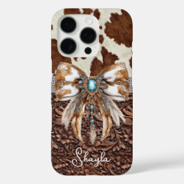 Braunes Leder-Kuhleder-Juwelen-Bogen-Monogramm iPhone 16 Pro Hülle