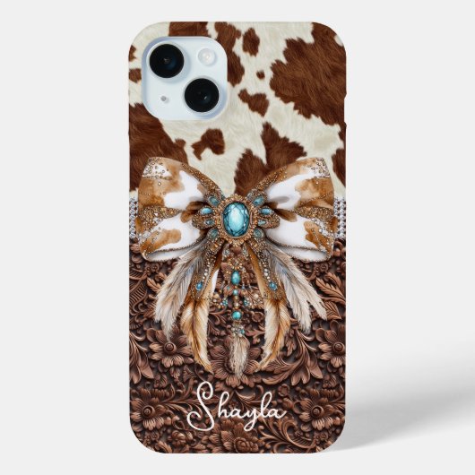 Braunes Leder-Kuhleder-Juwelen-Bogen-Monogramm Case-Mate iPhone Hülle (Rückseite)