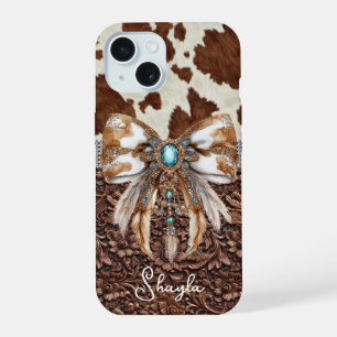 Braunes Leder-Kuhleder-Juwelen-Bogen-Monogramm iPhone 15 Hülle