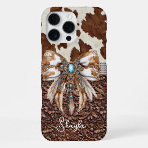Braunes Leder-Kuhleder-Juwelen-Bogen-Monogramm iPhone 16 Pro Max Hülle