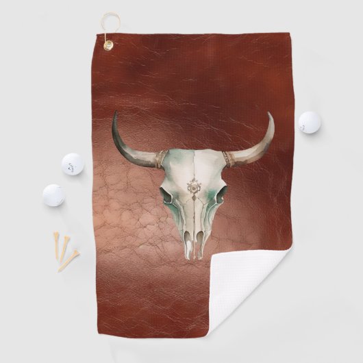 Braunes Leder (Look) Western Cowboy Bull Horns Golfhandtuch (Insitu)