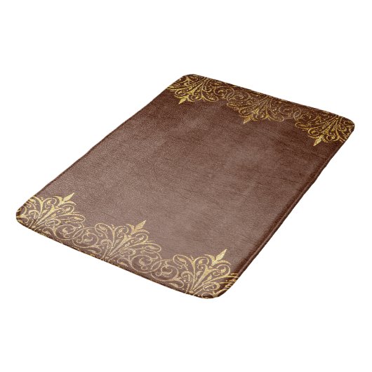 Braunes Leder Textur Print Gold Border Badematte (Schrägansicht)