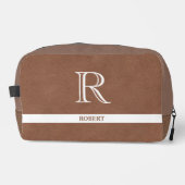 Braunes Leder Textur Trim White Monogram Name Waschbeutel (Vorderseite)