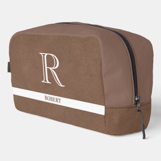 Braunes Leder Textur Trim White Monogram Name Waschbeutel (Rechte Ecke)