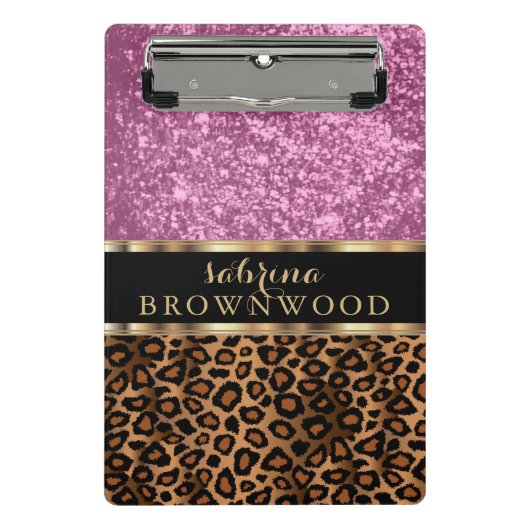 Braunes Leopard-Skin-Muster und rosa Glitzer Mini Klemmbrett (Vorderseite)