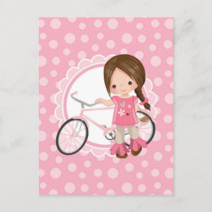 Braunes Mädchen mit Fahrrad - Rosa Weiß Postkarte