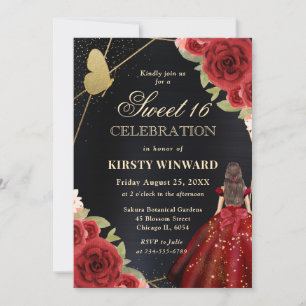 Braunes Mädchen mit rotem Kleid Blumen Sweet 16 Einladung
