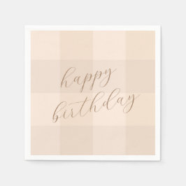Braunes neutrales Gingham-Schriftzug Frohe Geburts Serviette