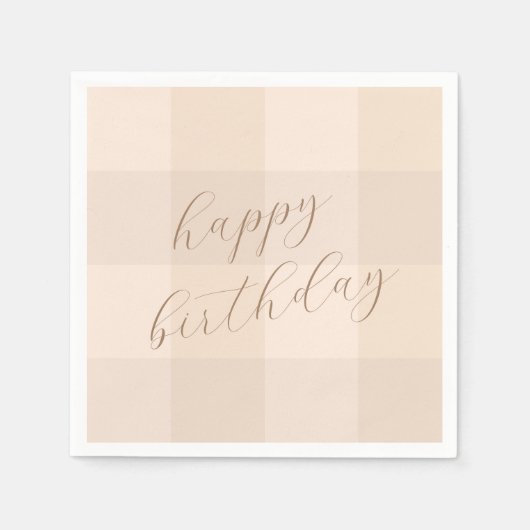 Braunes neutrales Gingham-Schriftzug Frohe Geburts Serviette (Vorderseite)