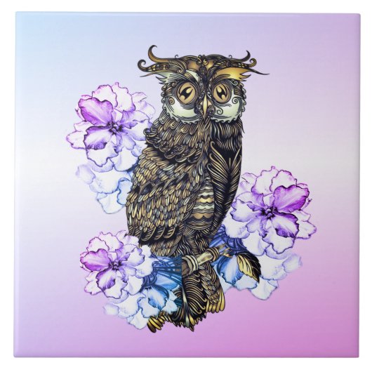 Braunes Owl Purple Blumen Fliese (Vorderseite)