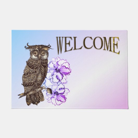 Braunes Owl Purple Blumen Fußmatte (Vorderseite)