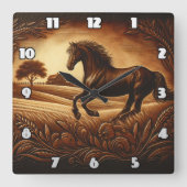 Braunes Pferd Galopp über goldene Felder Quadratische Wanduhr (Vorderseite)