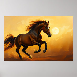 Braunes Pferd galoppiert, Sonnenuntergangshimmel, Poster