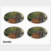 Braunes Pferd gegen einen Zaun Ovaler Aufkleber (Blatt)