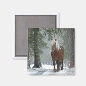 Braunes Pferd im Winterwald mit Schneefall Magnet (Vorderseite/Rückseite)