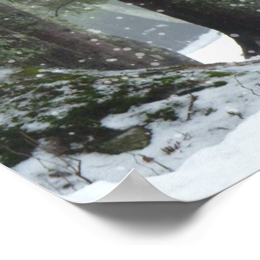 Braunes Pferd im Winterwald mit Schneefall Poster (Ecke)