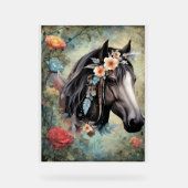 Braunes Pferd in Blumen. Acrylschild (Vorderseite)