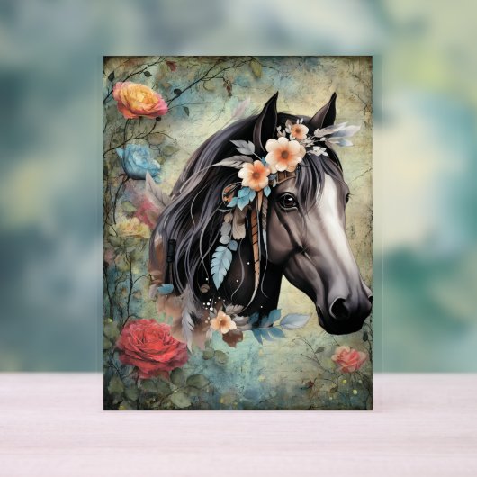 Braunes Pferd in Blumen. Acrylschild (Neutral)