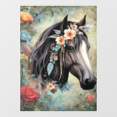 Braunes Pferd in Blumen. Fensteraufkleber (Blatt)