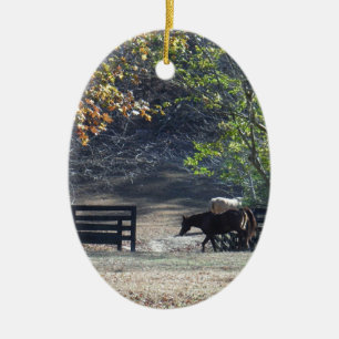Braunes Pferd läuft durch einen Zaun Keramik Ornament
