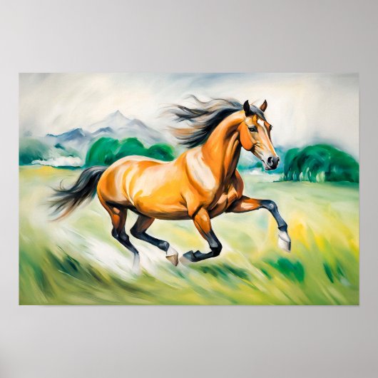 Braunes Pferd läuft über eine Wiese Poster (Vorne)