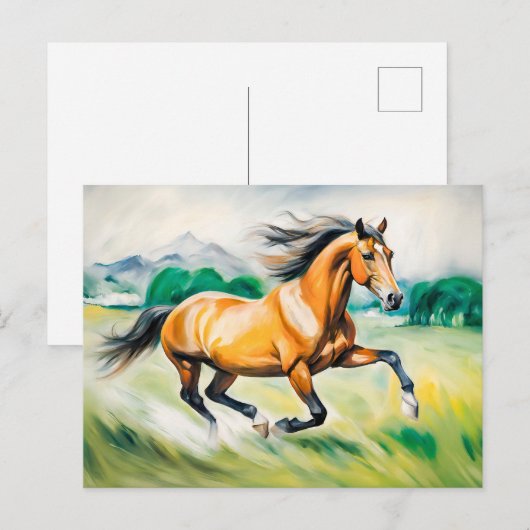 Braunes Pferd läuft über eine Wiese Postkarte (Vorne/Hinten)