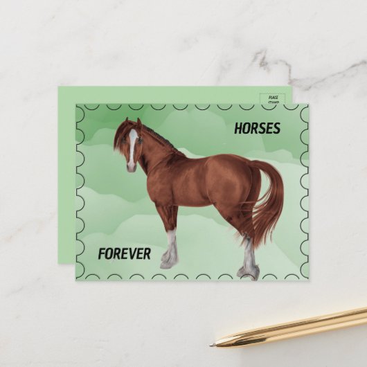 Braunes Pferd mit Briefmarke Postkarte (Vorderseite/Rückseite Beispiel)