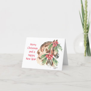 Braunes Pferd mit Weihnachtsstern auf Schweif und  Feiertagskarte