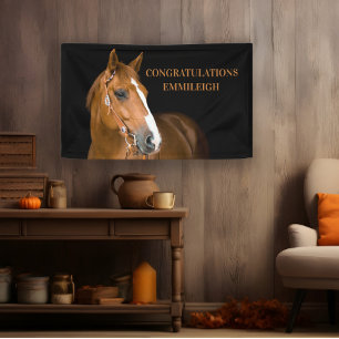 Braunes Pferd Schwarzes Reitsport Glückwunsch Banner