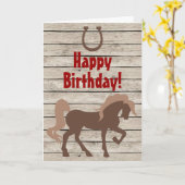Braunes Pferd und Pferdeschuh auf Stallholz Geburt Karte (Gelbe Blume)