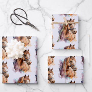 Braunes Pferdekopfporträt im Aquarellmuster Geschenkpapier Set