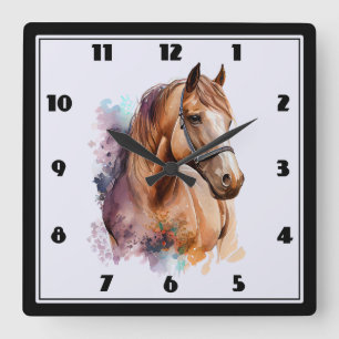 Braunes Pferdekopfporträt in Aquarell Quadratische Wanduhr