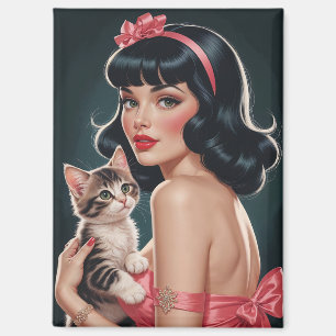 Braunes Pin-Up mit süßem Kätzchen-Porträt Magnet