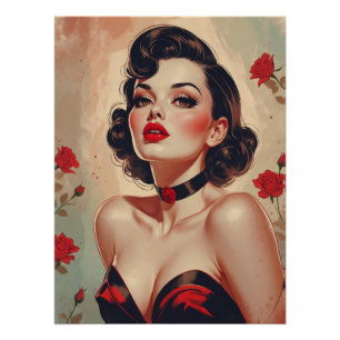 Braunes Pin-Up Rotrosen-Porträt Poster