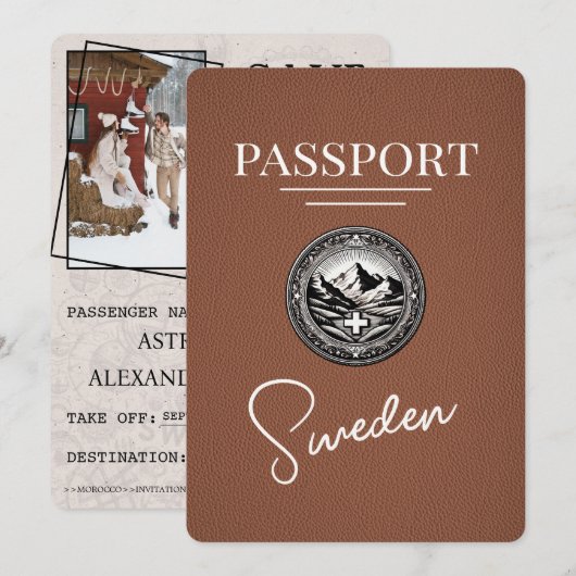 Braunes Schweden Reisepass Save The Date (Vorne/Hinten)