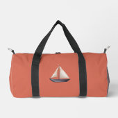 Braunes Segelboot und Name auf Rot Duffle Bag (Vorderseite)