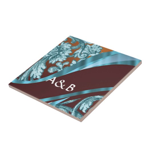 Braunes und blaues Damastmuster Fliese (Seite)