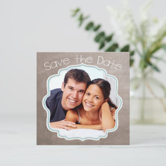 Braunes und blaues Foto Modernes Save the Date (Stehend Vorderseite)