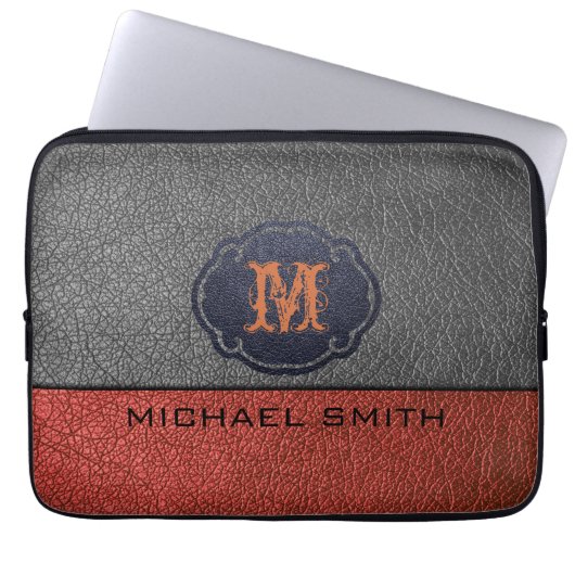 Braunes und schwarzes Leder. Custom Monogram Laptopschutzhülle (Vorderseite)