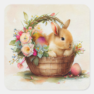Braunes Vintage-Hasenkorb mit rosa Blumen Ostern Quadratischer Aufkleber