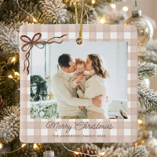 Braunes Wasserfarbe-Gingham-Weihnachtsfoto Keramikornament