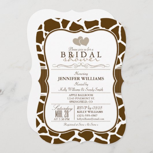 Braunes, weißes Giraffe Brautparty Einladung (Vorne/Hinten)