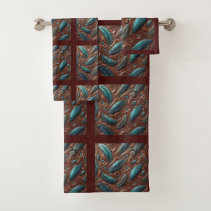 Braunes Werkzeug-Faux-Leder und Teal-Federn Badhandtuch Set