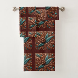 Braunes Werkzeug-Faux-Leder und Teal-Federn Badhandtuch Set