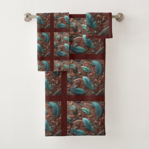 Braunes Werkzeug-Faux-Leder und Teal-Federn Badhandtuch Set