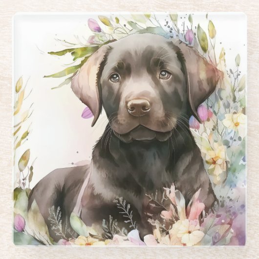 Braunfarbener Labrador Retriever und Blume Glasuntersetzer (Vorderseite)