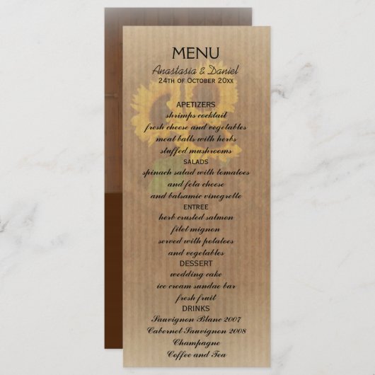 Braungelbe rustikale Sonnenblumen Hochzeitskarte Menükarte (Vorne/Hinten)