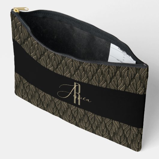 Braungold Verlassen Ledermuster & Monogramm Zubehörtasche (Offen)