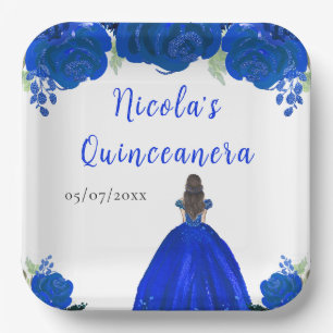 Braunhaar Prinzessin Blaue Florale Quinceanera Pappteller